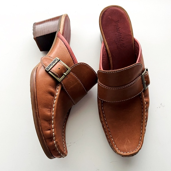 Timberland Women's Leather Stacked Heel Mules Brown Size 8.5M - Picture 1 of 8
